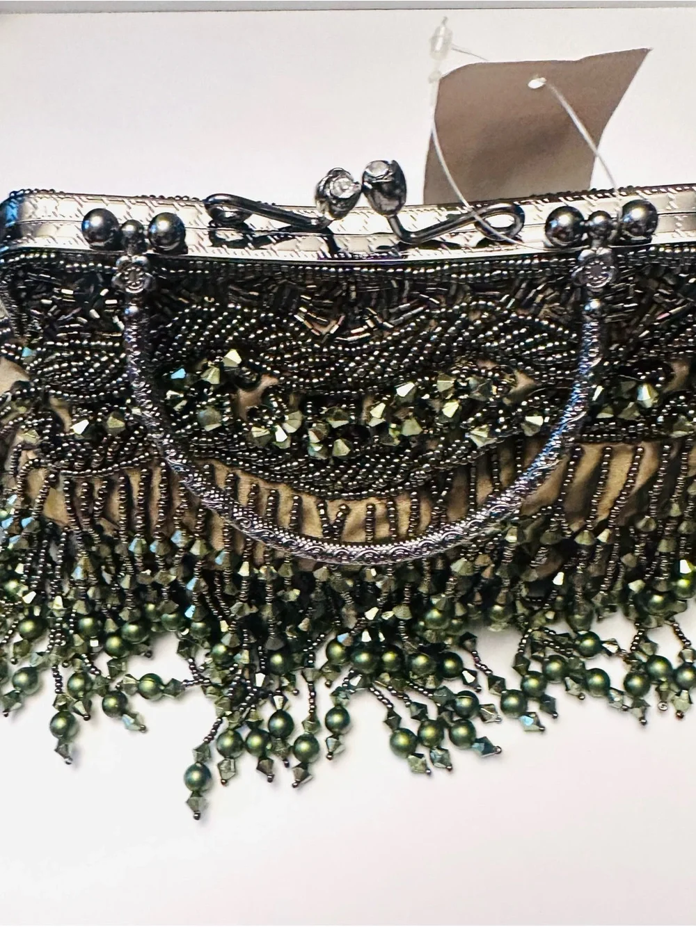 Olive Green Satin Beaded Mary Frances Inspired design Clutch/Purse with chain NW